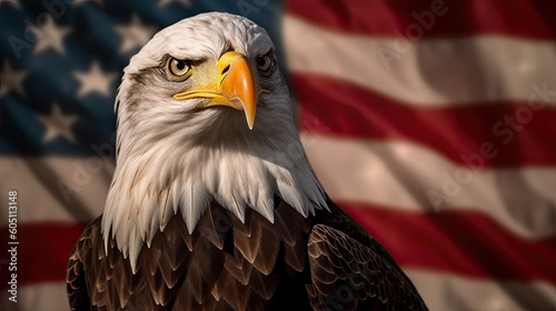 American bald eagle in focus with patriotic American flag background  Generative AI