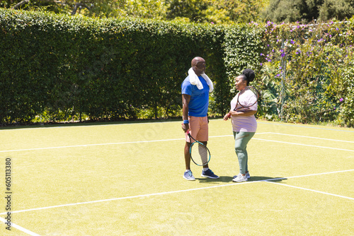 Happy senior african american couple holding tennis rackets talking on sunny grass court, copy space