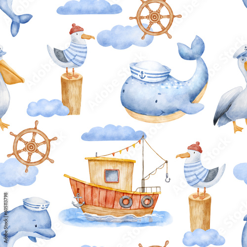 Photography Cute watercolor nautical seamless pattern with sea animals characters and boat