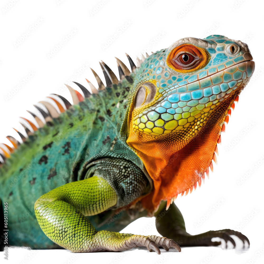 Fototapeta premium an iguana colorful portrait, arboreal lizards, herbivores Pet-themed, photorealistic illustrations in a JPG. Generative ai