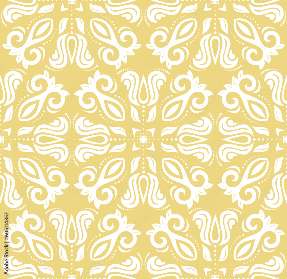 Classic seamless vector pattern. Damask orient ornament. Classic vintage background. Orient yellow and white pattern for fabric, wallpapers and packaging