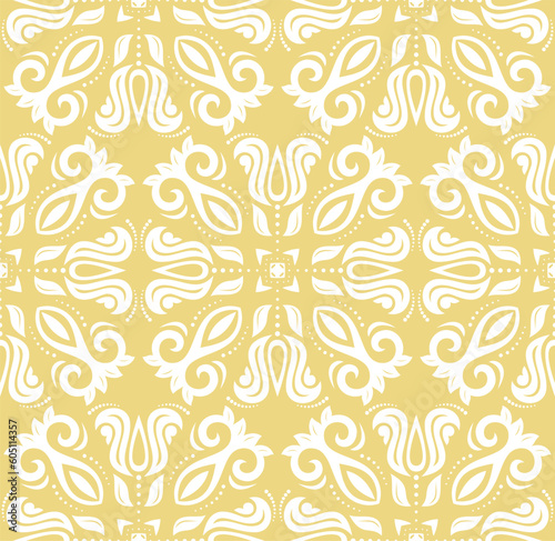 Classic seamless vector pattern. Damask orient ornament. Classic vintage background. Orient yellow and white pattern for fabric, wallpapers and packaging