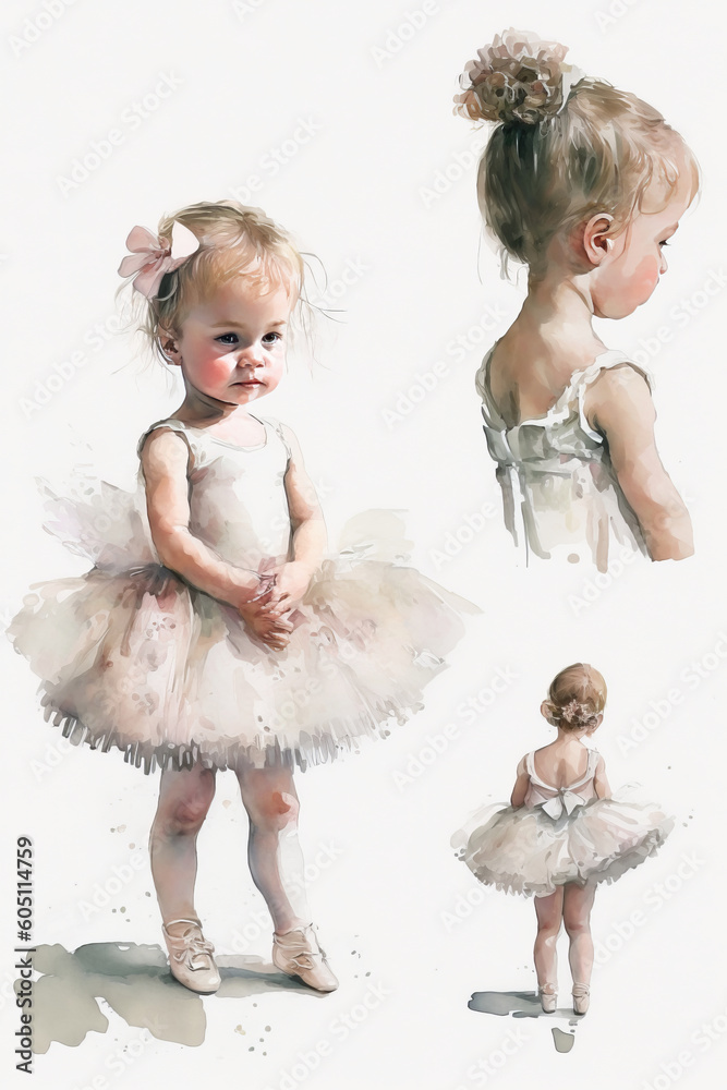 Watercolor little ballerina girl in a pink dress with a tutu skirt ...