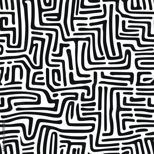Seamless pattern. Abstract black doodles, curls, maze. Vector background.	