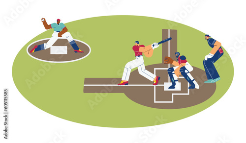 Baseball players on field flat style, vector illustration
