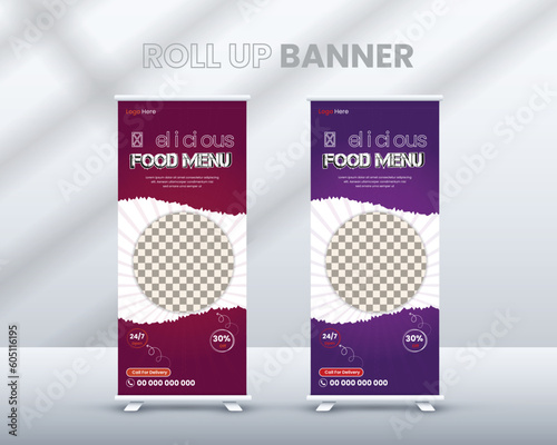 Restaurant and food roll ups banner template design.  Unique minimal Restaurant Roll up banner template design with with two color variation. Standee Design, Brochure Flyer, ads design, x stand banner