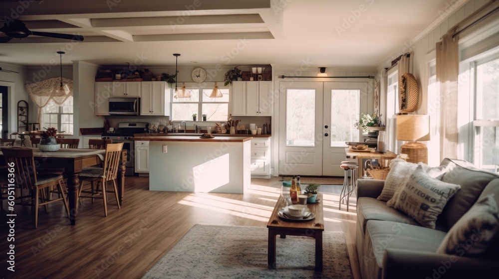 A blurred image of a farmhouse-style kitchen, a sense of depth and atmosphere. Generative AI A blurred image of a farmhouse-style kitchen, a sense of depth and atmosphere. Generative AI