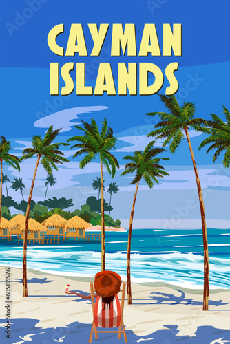 Caiman Islands vintage travel poster. Hawaii Tropical island