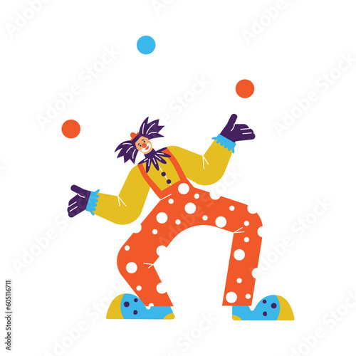 Funny clown in circus juggling balls, cartoon flat vector illustration isolated on white background.