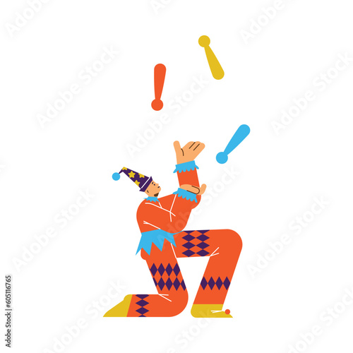 Circus performer in jester costume juggling balls, cartoon flat vector illustration isolated on white background.