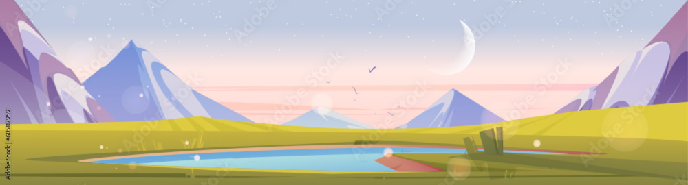Mountain lake landscape in early morning, sunrise scenic background. Crescent in pink sky on horizon with beautiful sparkle switzerland nature illustration. Peaceful alpine terrain wallpaper with pond