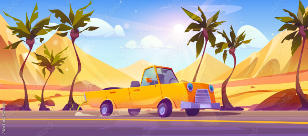 Convertible car drive road near mountain in sand desert landscape background. Palm tree on summer valley street with old cabriolet in australian trip. Cartoon vector vacation horizontal illustration