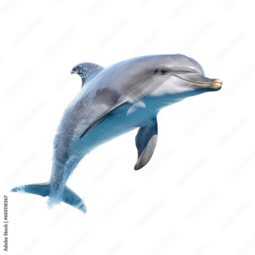 Fototapeta premium an isolated Dolphin jumping and swimming, Aquatic-themed, photorealistic illustration on a transparent background cutout in PNG. Generative AI