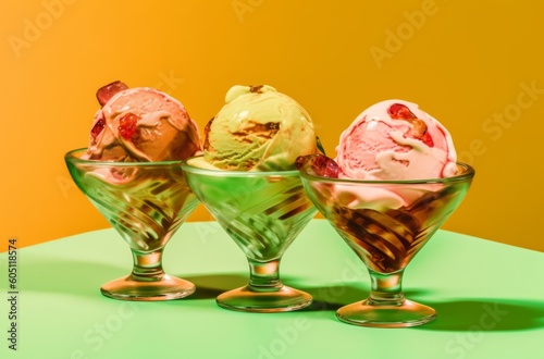 Illustration of three different flavors of ice cream in glass bowls on a green table with a yellow background -  created with Generative AI technology