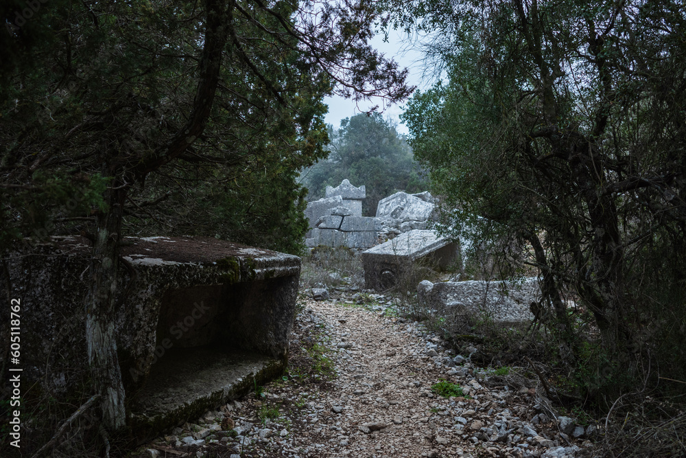 Ruined gymnasium and baths building in Termessos. Ruined ancient city in Antalya province, Turkey. Ruined gymnasium and baths building in Termessos. Ruined ancient city in Antalya province, Turkey.