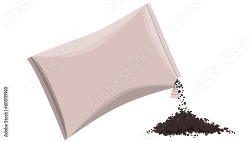 Open bag and pile of soil isolated on white background. Clipart.
