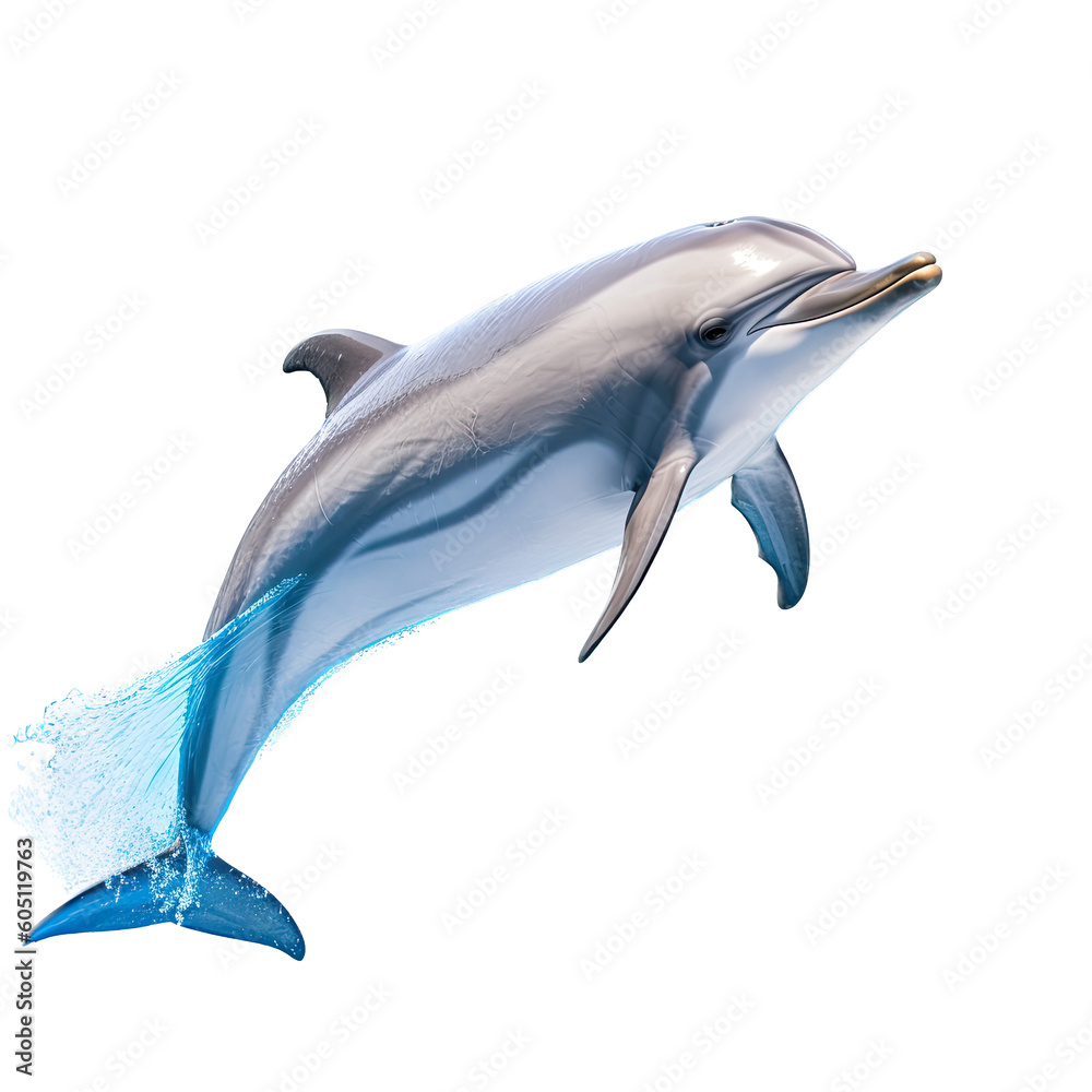 Obraz premium an isolated Dolphin jumping and swimming, Aquatic-themed, photorealistic illustration on a transparent background cutout in PNG. Generative AI