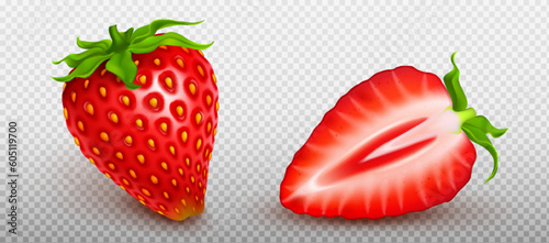Realistic set of whole and cut half strawberries isolated on transparent background. Vector illustration of sweet juicy red berry with green leaves. Organic food. Summer harvest. Dessert ingredient