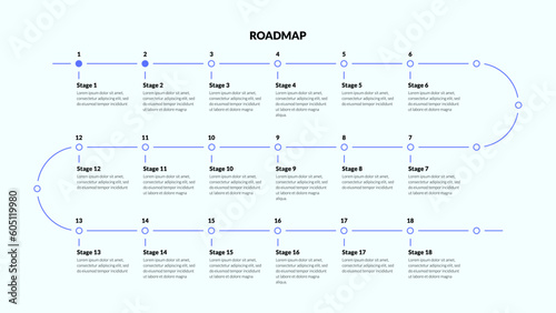 Roadmap with many milestones on winding line. Horizontal infographic timeline template for presentation. Vector.