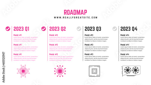 Horizontal quarterly roadmap with milestones and technical clipart on a white background. Timeline infographic template for business presentation.