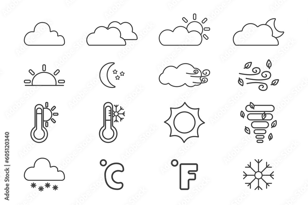 Set of weather icons by thin black line isolated on white background. Set of weather icons by thin black line isolated on white background.