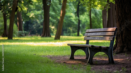 A park bench in the sunlight with the sun shining on the grass. © DLC Studio