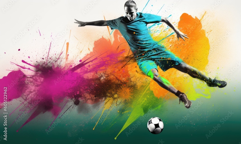 The colorful trail of a soccer player in motion. Creating using generative AI tools