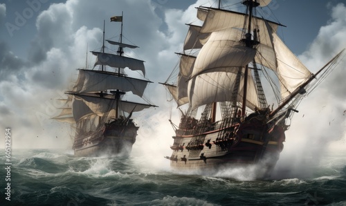 Pirate ships clash in fierce sea battle Creating using generative AI tools