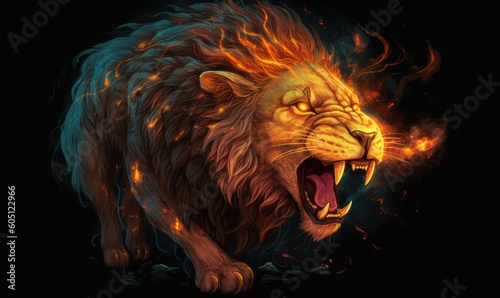 The king of the jungle with flaming mane and glowing eyes Creating using generative AI tools © uhdenis