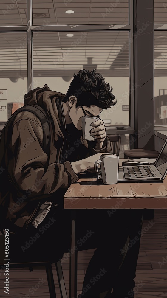 Man working on laptop - Aesthetic lo-fi relaxing phone wallpaper illustration