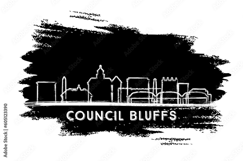 Council Bluffs Iowa USA City Skyline Silhouette. Hand Drawn Sketch. Business Travel and Tourism Concept with Historic Architecture.
