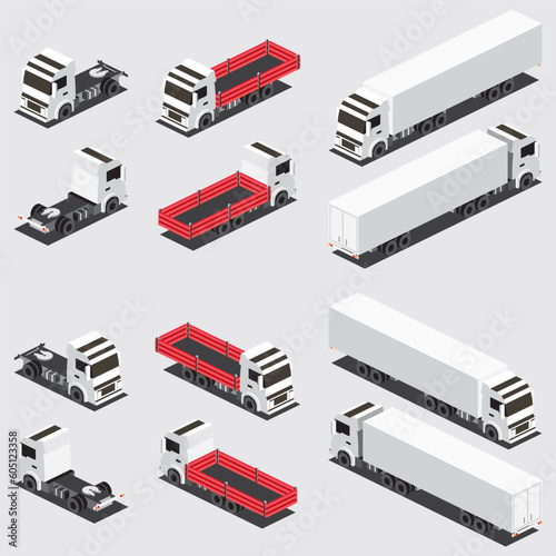 Isometric Red Flatbed Cargo Truck and Truck Trailer with Container. Icons Set. Commercial Transport. Logistics.