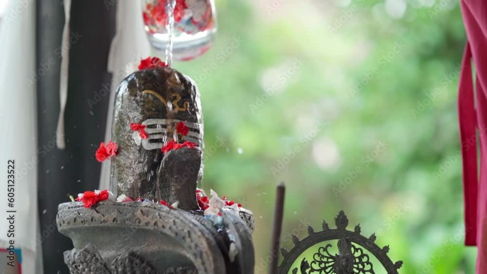 A man performs a ritual in front of the altar with the Hindu god Lord Shiva Lingam, sprinkles flowers.
