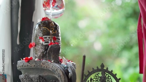 A man performs a ritual in front of the altar with the Hindu god Lord Shiva Lingam, sprinkles flowers.