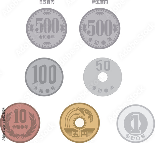 貨幣　円　一円　五円　十円　百円　新旧五百円　ビジネス　マネー　お金　イメージ　イラスト素材セット