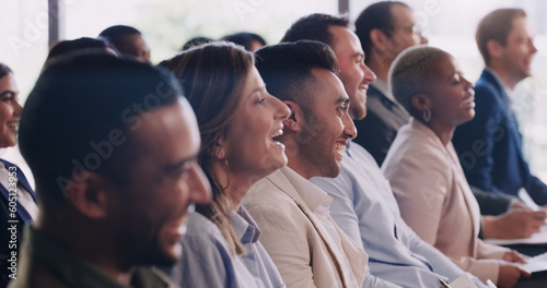 Happy audience, conference and laughing business people at a seminar, workshop or training. Diversity men and women crowd at a presentation for learning, knowledge and funny corporate discussion
