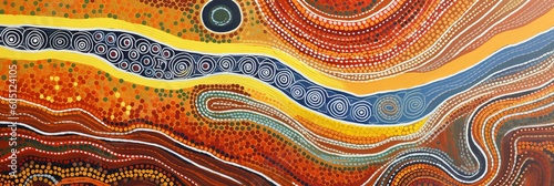 Abstract theme of Australian Indigenous Aboriginal art. Represent style and dot painting techniques. Cultural, traditional art concept.AI abstract image.