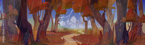 Autumn forest vector landscape with rain and lightning. Path near tree in cartoon fall park scene. Thunderstorm scenery in valley horizon. Rainy storm season and footpath on road between maple woods