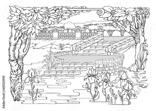 Romantic Secret Garden. Coloring Pages. River, steps, trees, flowers. Vector.