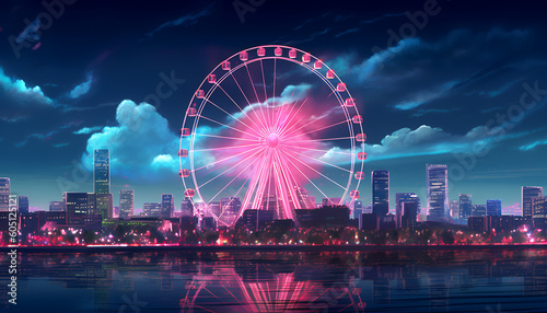 Tokyo Ferris Wheel Transcends Amidst Elegant Cityscapes of Dark Cyan and Light Crimson