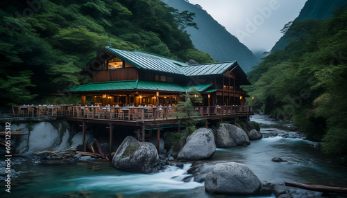 A wooden edifice stands with grace  Imbued with Japanese influence s embrace. Amidst mountainous vistas  it finds its place  A testament to the land s tranquil grace.