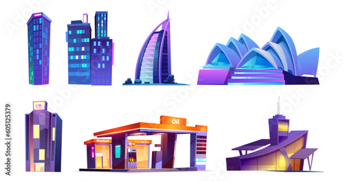 Modern company office building vector illustration. Corporate tower cartoon cityscape high skyscraper and oil station exterior isolated set. Center district house estate graphic symbol for website