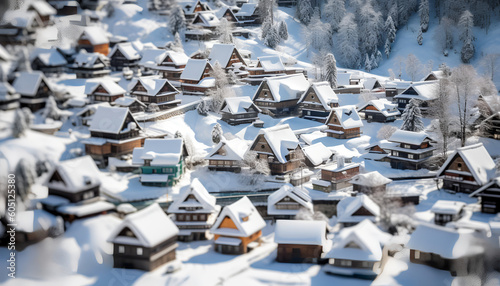 Traditional Huts Embraced by Snowy Peaks and Forests in Shirakawa-go, Gifu