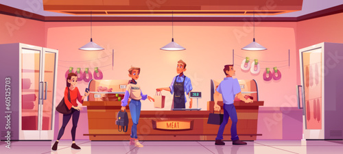 Meat shop keeper vector illustration. Cartoon supermarket farmer beef section with people stand in queue to butcher salesman. Small butchery store interior aisle with chicken and sausage to buy