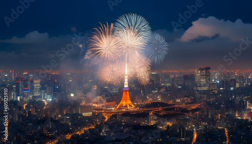 Tokyo Tower, bathed in celestial light, As midnight fireworks burst, a mesmerizing sight. In the canvas of the night, a symphony unfurls, With hues of light sky-blue and gleaming silver swirls.