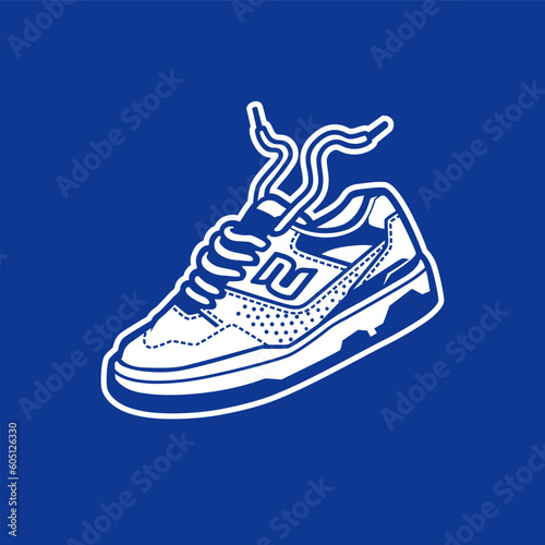 Trendy sneaker vector illustration template. Daily shoe sticker design. Can be used for labels, signs, or advertisements. Isolated on blue backgound.