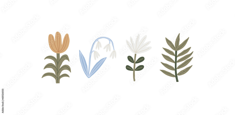 Cute Simple Flowers - flat illustration in modern style. Vector illustration with flowers, leaves