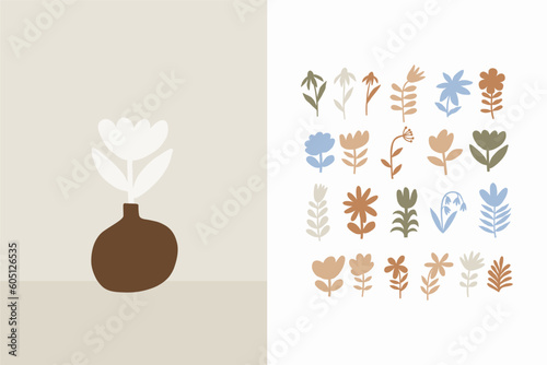 Cute Simple Flowers - flat illustration in modern style. Vector illustration with flowers, leaves