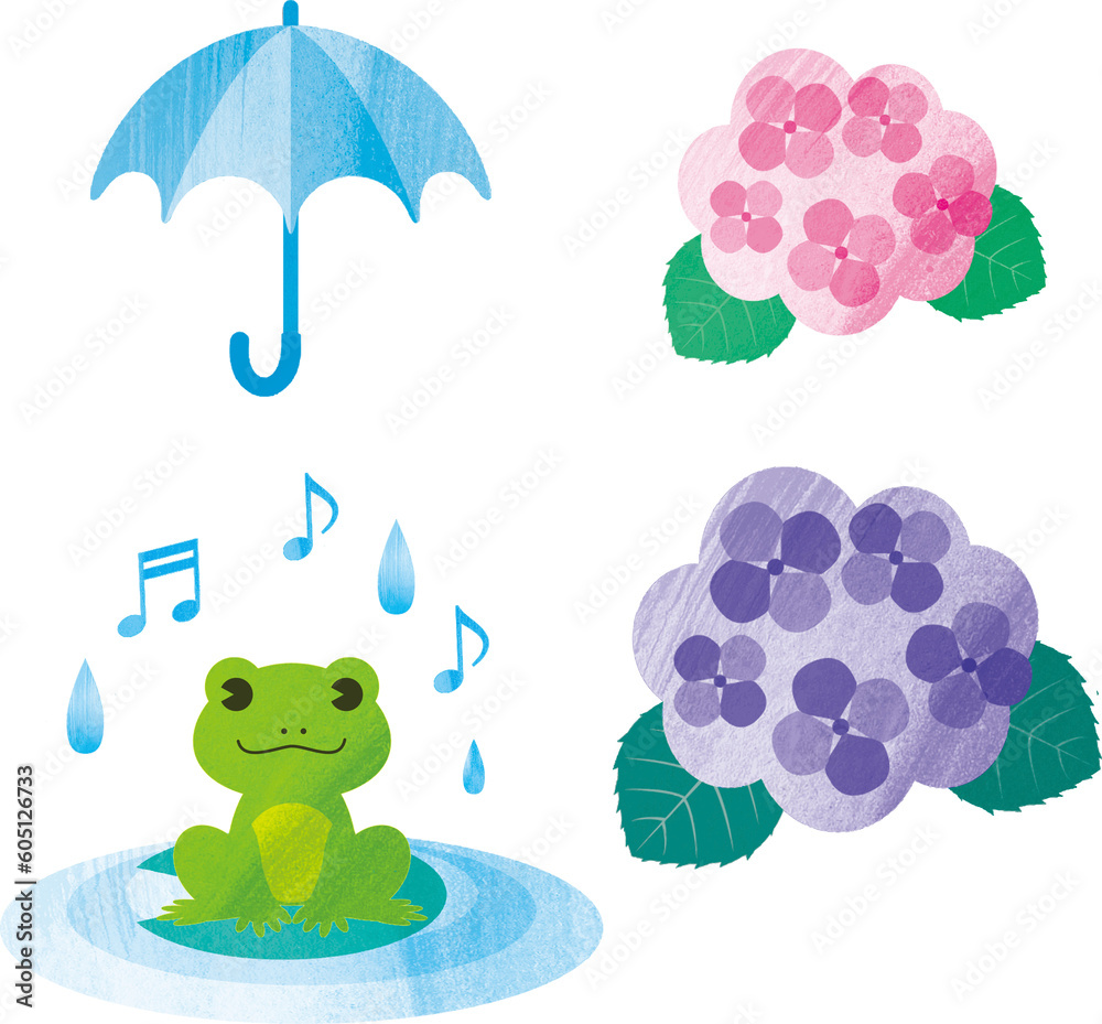 Naklejka premium 梅雨 夏 雨 花 あじさい カエル 傘 水彩 アナログタッチ かわいい イラスト素材