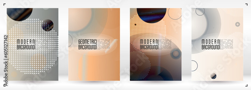 Set of Abstract Cover with Gradient Mesh Holographic Circles. Hipster Graphic Template Design with Lines, Dots, Round Shapes. Innovation Style for your Business Cover.